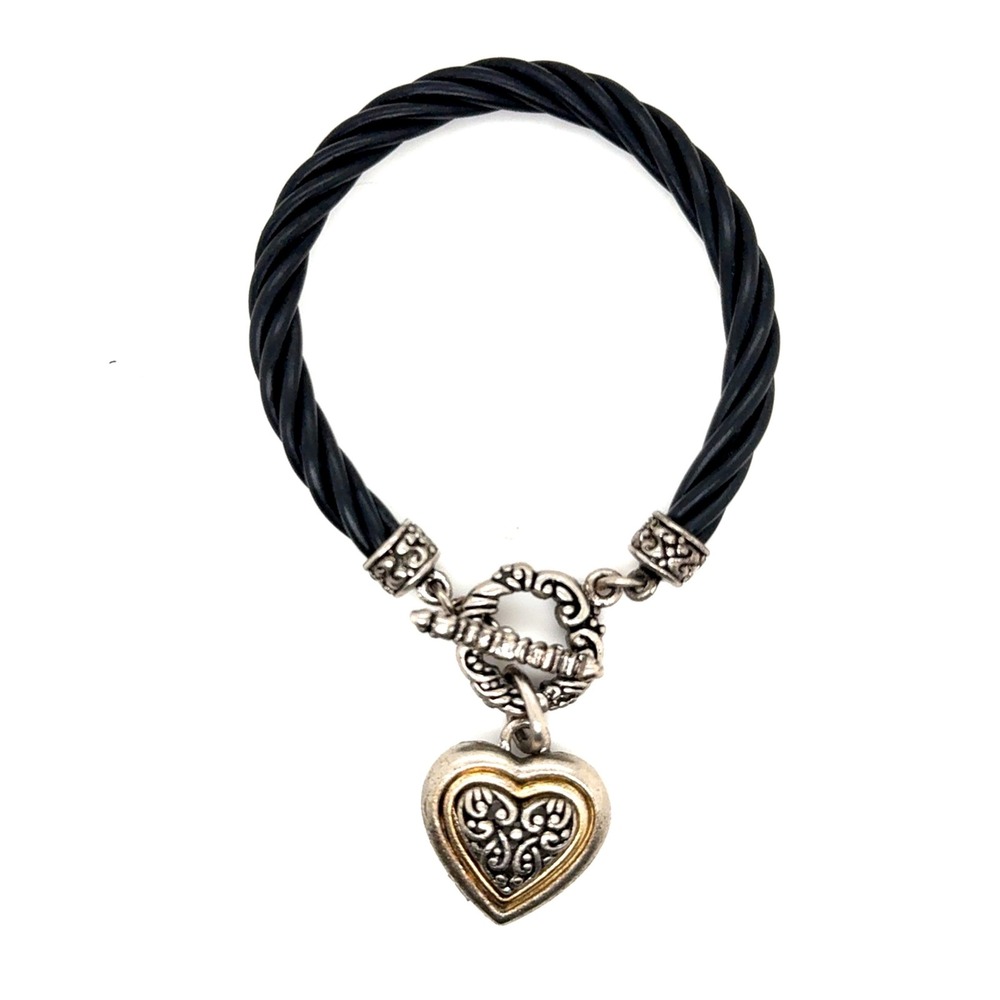 Twisted Cable Heart Charm Bracelet Silver Gold Tone Mixed Metal Toggle 7 Inch